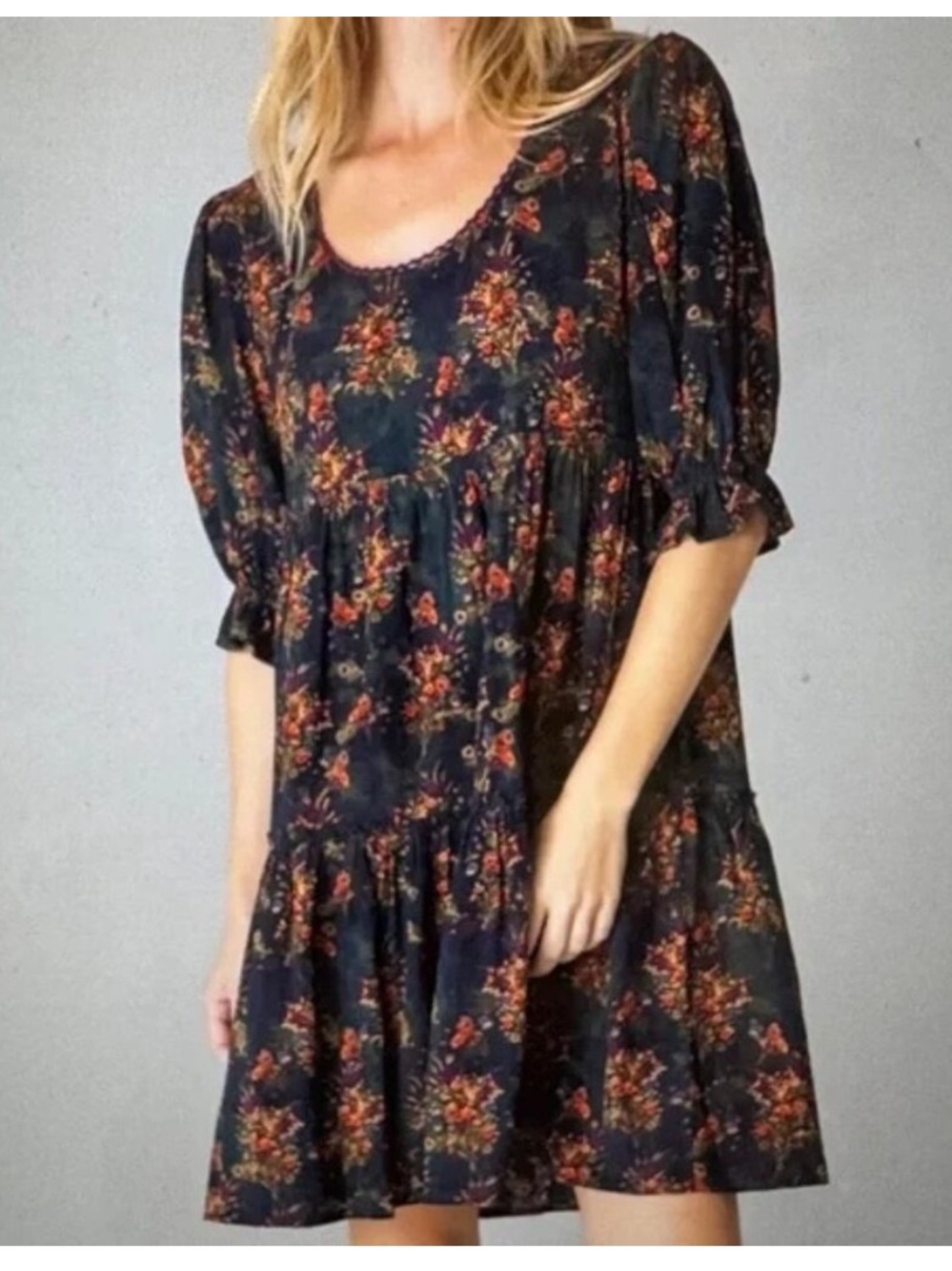 Natural Life Collette Mini Dress Navy Red Floral Feathers Tiered Large L NWT